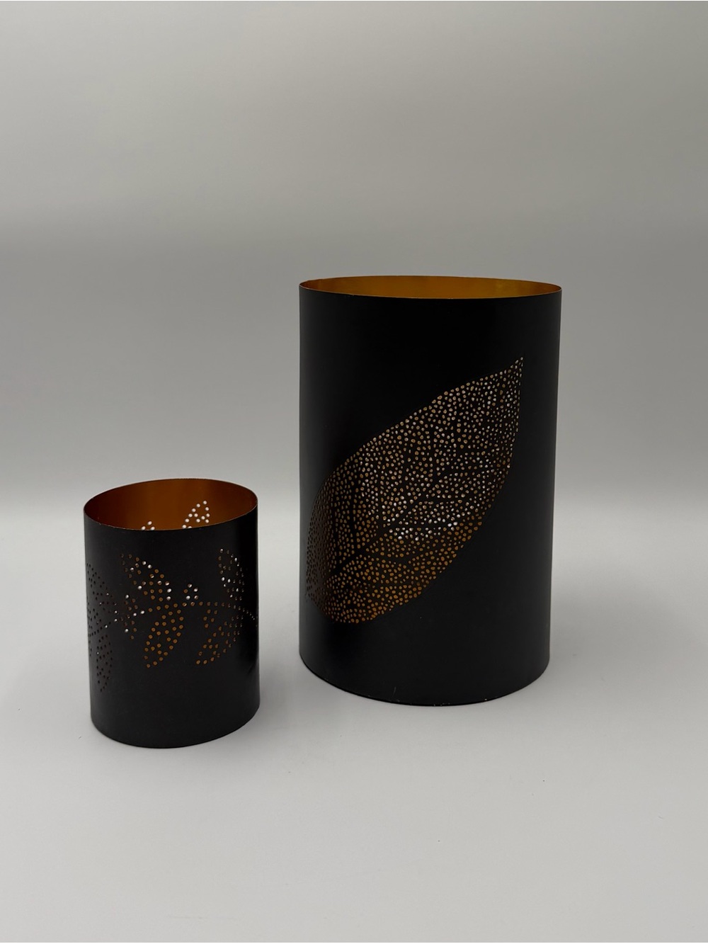 Crate&Barrel Black and Gold Leaf Metal Candle Holders - Pair